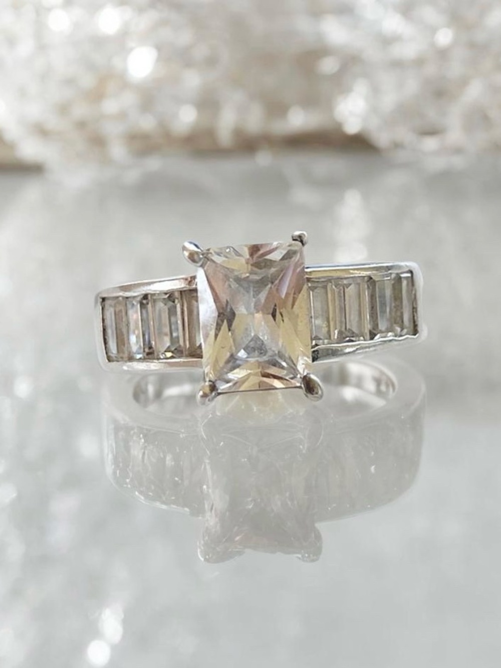 Vintage Sterling Silver Clear CZ Emerald-Cut Ring size 7
